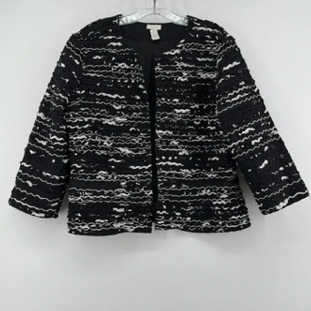 Chico's Black White Beaded Open Front Jacket Blazer Career Casual Size 2